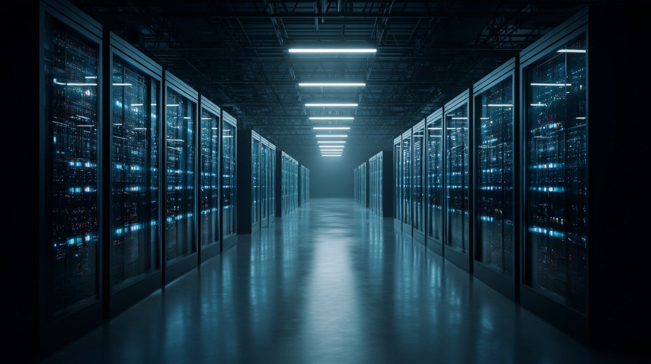 Modern data center with blue LED lighting